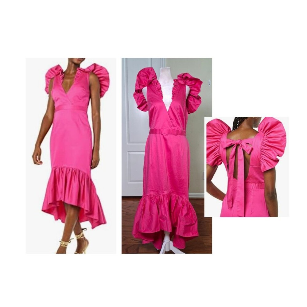 NEW Pink Ruffle Hi Lo Dress M Preppy Romantic Wedding Guest Baby Shower Vacation
